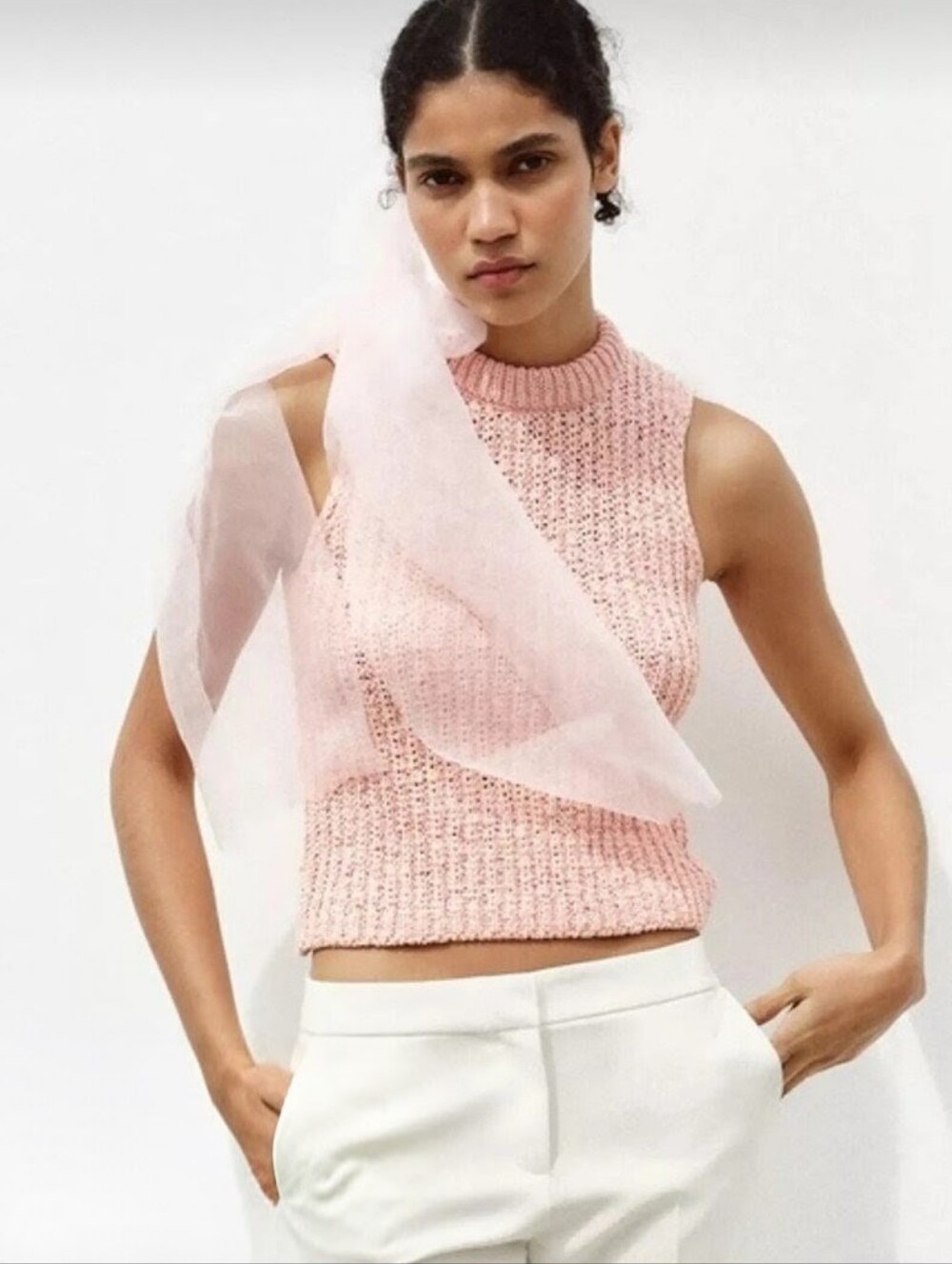 ZARA Organza Bow Chunky Knit Sweater Shell In Blush Pink Balletcore NWT M/L
